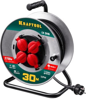 KRAFTOOL K-315, КГ, 3 x 1.5 мм2, 30 м, 3700 Вт, IP44, силовой удлинитель на стальной катушке (55085-30)