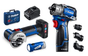 ЗУБР КОМБИ #5 набор: дрель-шуруповерт + мини УШМ + LED фонарь, BRUSHLESS, 12 В, 45 Н·м, 2 АКБ тип Т7 (4 и 2 А·ч), кейс, Профессионал (DB-125-42ABF)