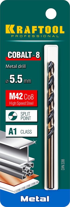 KRAFTOOL COBALT-8, 5.5 х 93 мм, сталь М42, HSS-Co(8%), сверло по металлу (29656-5.5)