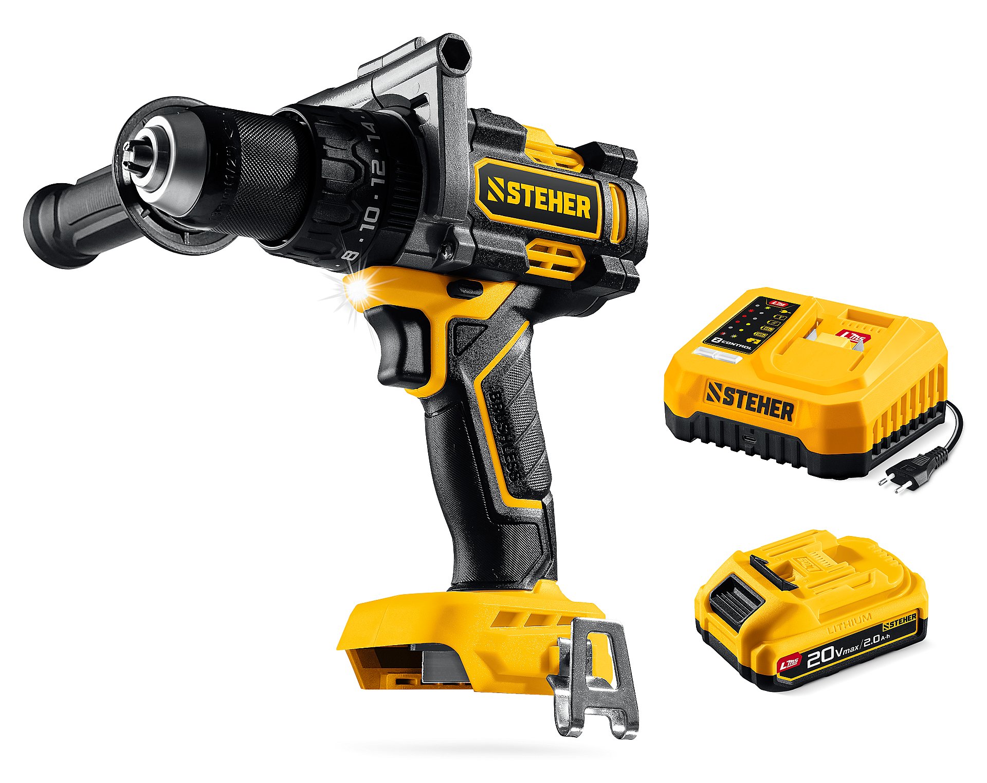 STEHER 20 В, 165 Н·м, 1 АКБ LMS (2 А·ч), бесщеточная ударная дрель-шуруповерт (CBS-165-21)
